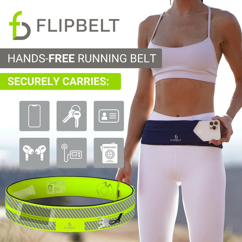 FlipBelt حزام فليب بيلت الكلاسيكي للجري للهاتف والإكسسوارات الصغيرة، حقيبة خصر للتمارين للنساء والرجال، L، أصفر نيون عاكس - Image 2